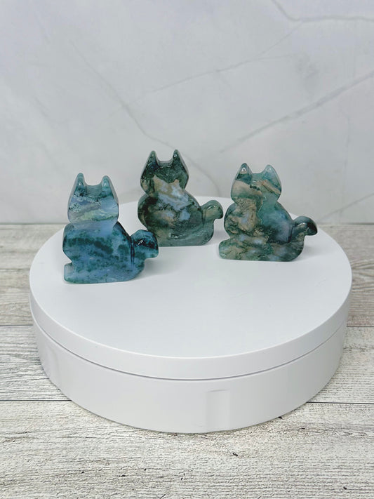 Moss Agate Cat Carvings