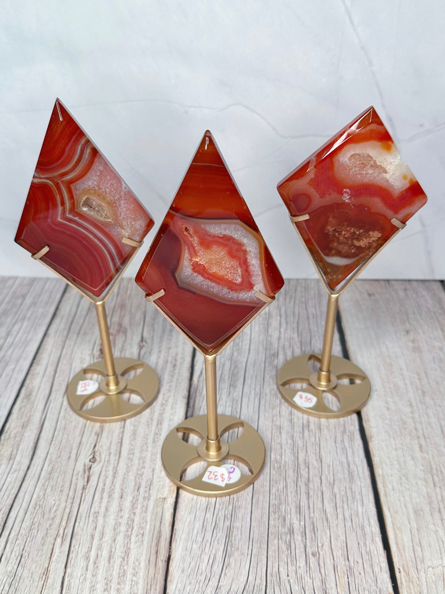 Druzy Carnelian Diamonds on Stands